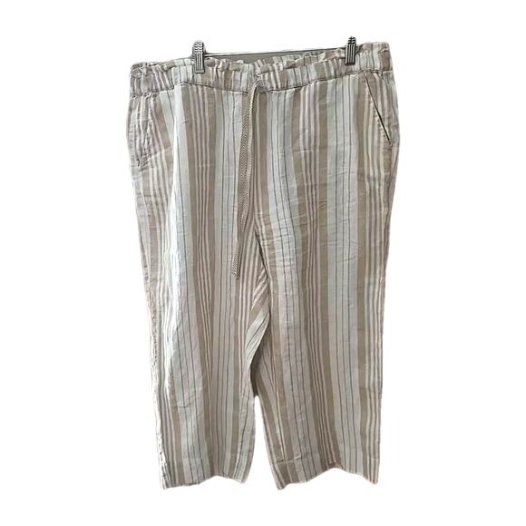 Chico's Tan Striped Straight Leg Linen High Rise Cropped Pants Womans Size 14 - Picture 1 of 5